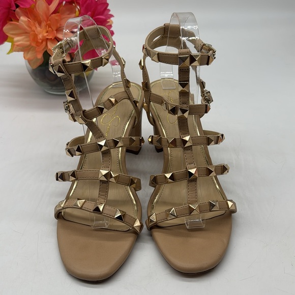 Jessica Simpson Gold Studded Tan Block Heel Sandals Size 8.5 MCH8978C - Picture 2 of 8
